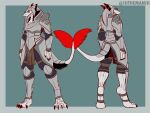  2022 3:3 absurd_res anthro armor barefoot black_body black_fur claws clothed clothing feet fingers front_view fur hi_res male mammal multiple_poses pose rear_view red_body red_claws red_fur scar sergal smile solo standing the_man vargos_silverfang watermark white_body white_fur 