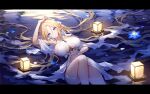  1girl azur_lane blonde_hair blue_eyes breasts brest_(azur_lane) dress floating_lights highres large_breasts long_hair looking_at_viewer lying night on_back pointy_ears quan_(kurisu_tina) revealing_clothes solo underboob very_long_hair water wet wet_clothes white_dress 