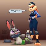  anthro baddataartist bra breasts cleavage clothed clothing dialogue disney duo english_text female gag hi_res judy_hopps lagomorph leporid lola_bunny looney_tunes lying mammal on_front panties police_uniform rabbit stealing_clothing tape tape_bondage tape_gag text underwear uniform warner_brothers zootopia 
