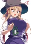  1girl absurdres blonde_hair blush breasts brown_headwear commentary_request cowboy_shot darumoon hands_up hat highres large_breasts long_hair long_sleeves moriya_suwako open_mouth purple_skirt shirt simple_background skirt solo surprised sweat touhou v-shaped_eyebrows white_background white_shirt yellow_background 