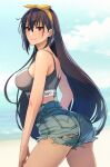  1girl alternate_costume black_hair blue_sky breasts closed_mouth cloud commentary_request cowboy_shot cutoffs dark-skinned_female dark_skin denim denim_shorts grey_shorts hairband highres kantai_collection kasumi_(skchkko) large_breasts long_hair looking_at_viewer nagato_(kancolle) red_eyes shorts sky solo sports_bra yellow_hairband 