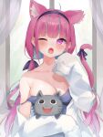  1girl absurdres ahoge animal_ears bangs blunt_bangs blush breasts cat_ears dyed_ahoge highres hololive large_breasts looking_at_viewer minato_aqua multicolored_hair neko_(minato_aqua) nesumiru solo two-tone_hair virtual_youtuber 