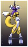  anthro arms_above_head bandai_namco bdsm bit_gag black_sclera bondage bound breasts chest_tuft collar creamgag digimon digimon_(species) featureless_breasts female gag hook looking_at_viewer renamon restraints rope rope_bondage solo spread_legs spreader_bar spreading tail_tied tuft 
