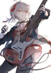  choker electric_guitar grin guitar haru_same322 highres holding holding_instrument instrument looking_at_viewer multicolored_hair music original playing_instrument plectrum red_hair simple_background smile streaked_hair white_background 