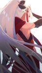  back bow dark_skin elbow_gloves fate/grand_order fate_(series) fomnant from_behind gloves grey_hair hair_bow hair_ornament highres long_hair looking_back ponytail rengoku_(fate) scarf signature simple_background solo very_long_hair 