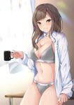  1girl bra breasts brown_eyes brown_hair cleavage commentary_request cup curtains dress_shirt grey_bra grey_panties grin kotohane long_hair mug navel no_pants open_clothes open_shirt original panties shirt sitting smile solo table thighs underwear white_shirt 