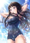  1girl bangs black_hair blue_one-piece_swimsuit blue_sky breasts cloud covered_navel cowboy_shot day highres inoue_takina long_hair lycoris_recoil medium_breasts old_school_swimsuit outdoors purple_eyes school_swimsuit sky smile solo standing sun swimsuit toyo_(wlz7370) water 