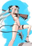  1girl arm_up armpits bare_arms bare_shoulders bikini black_bikini black_choker black_gloves blue_archive breasts cameltoe choker eyewear_on_head gloves grey_hair gun hair_ribbon highres holding holding_gun holding_weapon iori_(blue_archive) iori_(swimsuit)_(blue_archive) long_hair looking_at_viewer multi-strapped_bikini navel pjman pointy_ears red_eyes ribbon rifle side-tie_bikini_bottom skindentation slippers small_breasts solo stomach string_bikini sunglasses swimsuit tail thigh_strap thighs twintails very_long_hair weapon 