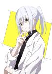  1girl bangs black_shirt closed_mouth commentary_request grey_hair hair_between_eyes hand_up highres jacket long_sleeves looking_at_viewer open_clothes open_jacket original ponytail shirt smile solo tama_(tama-s) turtleneck two-tone_background upper_body white_background white_jacket yellow_background yellow_eyes 