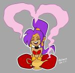  2020 breasts brown_body brown_skin clothing ear_piercing ear_ring eyes_closed female genie hair humanoid humanoid_pointy_ears long_hair not_furry open_mouth open_smile paincaked piercing ponytail purple_hair ring_piercing shantae shantae_(series) simple_background sitting smile smoke solo video_games wayforward 
