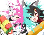  2girls ahoge animal_ear_fluff animal_ears bangs black_hair braid commentary_request felutiahime fox_ears fox_girl green_eyes grin hair_between_eyes hair_ornament hairclip heads_together highres hololive jacket long_hair looking_at_viewer multiple_girls one_eye_closed ookami_mio open_mouth paint_splatter red_hair shirakami_fubuki sidelocks simple_background single_braid smile splatoon_(series) virtual_youtuber white_background white_hair white_jacket wolf_ears wolf_girl yellow_eyes 