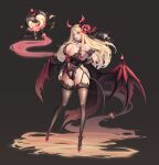  1girl absurdres bangs bat_wings blonde_hair breasts demon_tail demon_wings floating full_body garter_straps highres horns huge_breasts leotard long_hair low_wings open_mouth original pubic_tattoo red_eyes red_footwear single_garter_strap solo tail tattoo thighhighs whyingre wings 