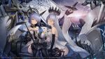  2girls armored_boots armpit_crease ass azur_lane bangs bare_shoulders black_gloves blue_hair blunt_bangs bob_cut boots box breasts champagne_(azur_lane) choker closed_eyes closed_mouth collarbone commentary_request cross cross-shaped_pupils dress elbow_gloves evening flag gascogne_(azur_lane) gauntlets gift gift_box gloves head_tilt highres holding holding_gift holding_staff leaning_forward light_blue_hair light_smile long_hair looking_at_viewer mechanical_halo medium_breasts multicolored_hair multiple_girls nakamura_eight ocean official_art outdoors rigging short_hair sideboob small_breasts spaghetti_strap staff streaked_hair sun thighs tiara very_long_hair vichya_dominion_(emblem) water white_dress yellow_eyes 