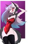 2022 absurd_res anthro black_nose breasts canid canid_demon cleavage clothed clothing collar demon digital_media_(artwork) female fur grey_body grey_fur hair hand_behind_head hellhound helluva_boss hi_res humanoid_hands legwear leotard long_hair looking_at_viewer loona_(helluva_boss) mammal multicolored_body multicolored_fur navel_outline red_sclera rolling_beast silver_hair solo spiked_collar spikes strapless_leotard thigh_highs tongue tongue_out two_tone_body two_tone_fur white_body white_eyes white_fur 