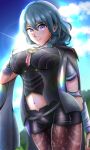  1girl aldafera_art armlet armor bangs blue_eyes blue_hair bodice breasts brown_pantyhose bustier byleth_(fire_emblem) byleth_(fire_emblem)_(female) capelet clothing_cutout coat dagger fire_emblem fire_emblem:_three_houses floral_print hair_between_eyes hand_on_own_chest highres knife large_breasts legwear_under_shorts medium_hair navel navel_cutout nintendo pantyhose patterned_legwear print_legwear short_sleeves shorts shoulder_armor solo sunlight tassel turtleneck vambraces weapon 