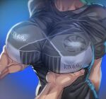 1girl arms_behind_back black_shirt blue_background bow_(bhp) breast_grab geforce_rtx_4090 grabbing gradient gradient_background head_out_of_frame original photo-referenced shirt short_sleeves solo_focus t-shirt upper_body 