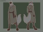  absurd_res canid canine canis clothed clothing fluffy fluffy_tail front_view fur gloves grey_body grey_fur handwear hat headgear headwear hi_res male mammal multiple_poses pose rear_view solo the_man watermark wolf 