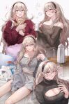  1girl absurdres black_hairband breasts cleavage cleavage_cutout clothing_cutout corrin_(fire_emblem) corrin_(fire_emblem)_(female) fire_emblem fire_emblem_fates hair_between_eyes hairband highres large_breasts long_hair off-shoulder_sweater off_shoulder pajamas pointy_ears red_eyes skirt smile sobasakuhin solo sweater tank_top turtleneck turtleneck_sweater white_hair 