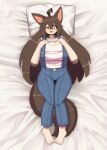  anthro barefoot bed big_breasts blush breasts brown_body canid canine canis clothed clothing domestic_dog feet female furniture hair hi_res komenuka_inaho long_hair lying mammal mohuko_(komenuka_inaho) open_mouth pillow smile solo tagme 