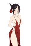  1girl bare_shoulders black_hair blush breasts cleavage closed_mouth clothes_lift coro_fae dot_nose dress dress_lift evening_gown folded_ponytail hand_up highres kaguya-sama_wa_kokurasetai_~tensai-tachi_no_renai_zunousen~ lifted_by_self looking_at_viewer nervous_smile no_bra no_panties paid_reward_available plunging_neckline red_dress red_eyes red_ribbon ribbon shinomiya_kaguya sidelocks simple_background small_breasts solo spaghetti_strap sweatdrop thighs white_background 