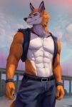  abs anthro biceps canid canine clothed clothing fox hi_res male mammal muscular muscular_male partially_clothed reformed_inu smile smirk solo tuxedowolfo 