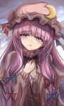  1girl bangs blue_bow blue_ribbon blunt_bangs blush bow bowtie capelet collar commentary crescent crescent_hat_ornament hair_bow hands_on_own_chest hat hat_ornament hat_ribbon head_tilt highres long_hair looking_at_viewer mob_cap namiki_(remiter00) open_mouth patchouli_knowledge purple_bow purple_bowtie purple_eyes purple_hair red_bow red_ribbon ribbon robe solo touhou upper_body very_long_hair wide_sleeves 