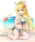  accessory animal_humanoid blonde_hair blush breasts caracal_humanoid clothing felid felid_humanoid feline feline_humanoid flower flower_in_hair hair hair_accessory hi_res humanoid mammal mammal_humanoid navel open_mouth plant rararin_(show_by_rock!!) sanrio sea show_by_rock!! sitting solo swimwear water 