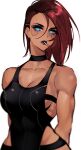  1girl absurdres blue_eyes breasts cigarette cyberpunk_(series) cyberpunk_2077 cyborg highres medium_breasts nsfwolf red_hair science_fiction short_hair simple_background smoking solo toned v_(cyberpunk_2077) white_background 