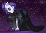  black_clothing black_dress clothing cutie_mark dress embroidery equid equine friendship_is_magic hi_res horn horse jewelry looking_at_viewer mammal my_little_pony pony rarity_(mlp) smile thehuskylord translucent translucent_clothing unicorn 