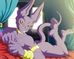  5_toes anthro barefoot bed bedding bedding_background beerus dragon_ball dragon_ball_super dragon_ball_z feet felid feline foot_ninja15 furniture hi_res male mammal nude soles solo toes 
