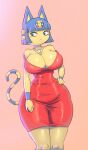  2022 absurd_res animal_crossing ankha_(animal_crossing) anthro big_breasts blue_eyes blue_hair breasts cleavage clothed clothing curvy_figure digital_media_(artwork) domestic_cat dress eyelashes felid feline felis female fur hair hand_on_hip hi_res huge_hips jewelry lickagoat looking_aside mammal necklace nintendo small_waist solo thick_thighs video_games voluptuous yellow_body yellow_fur 