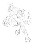  3:4 anthro asnnonaka big_claws bottomwear canid claws clothed clothing full-length_portrait hi_res looking_back male mammal monochrome pants pawpads portrait simple_background solo teeth three-quarter_view topwear unsigned 