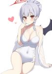  1girl blue_archive blush braid breasts cleavage commentary_request covered_navel demon_wings grey_hair hair_bun halo hand_on_own_face haruna_(blue_archive) heart highres looking_at_viewer medium_breasts red_eyes red_nails sasai_nakoto single_braid single_hair_bun smile solo swimsuit white_one-piece_swimsuit wings 