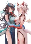  2girls arknights bangs bare_arms bare_shoulders black_hair blue_hair blue_skin blush breasts china_dress chinese_clothes closed_mouth colored_skin cowboy_shot cropped dragon_girl dragon_horns dragon_tail dress dusk_(arknights) dusk_(everything_is_a_miracle)_(arknights) gradient_dress green_dress highres horns large_breasts long_hair looking_at_viewer multicolored_hair multiple_girls nian_(arknights) nian_(unfettered_freedom)_(arknights) no_panties one_eye_closed paid_reward_available parted_lips pointy_ears ponytail purple_eyes red_eyes red_hair red_skin ru_zhai siblings simple_background sisters sleeveless sleeveless_dress smile standing streaked_hair tail tattoo thighs white_background white_dress white_hair 