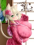  absurd_res animal_humanoid asian_clothing big_breasts blonde_hair blush breasts cat_humanoid clothed clothing east_asian_clothing felid felid_humanoid feline feline_humanoid female green_eyes hair hi_res huge_breasts humanoid japanese_clothing kaedeno_yuu kimono mammal mammal_humanoid smile solo 