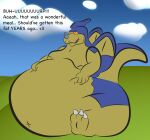  2011 3_toes anthro belly big_belly claws cloud dialogue dino.d.dice dragon dragon_ball eyes_closed facial_horn fangs feet giran holding_belly horn male moobs morbidly_obese morbidly_obese_anthro morbidly_obese_male navel nose_horn nude obese obese_anthro obese_male open_mouth outside overweight overweight_anthro overweight_male raised_tail scalie sitting solo text toes wings 