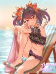  1girl absurdres barefoot beach bikini chair flower hair_flower hair_ornament highres kaze_fukeba_nanashi looking_at_viewer nail_polish off-shoulder_bikini off_shoulder purple_eyes purple_hair saimon_(tales) smile solo sunset swimsuit tales_of_(series) tales_of_zestiria toenail_polish toenails toes twintails water 