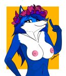  :3 accessory anthro bianca_(sheep_and_wolves) black_eyes blue_body blue_fur blue_hair breasts canid canine canis casual_nudity clothed clothing crown crown_only deskmaniac digital_media_(artwork) female finger_point floral flower flower_crown flower_garland flower_in_hair fur garland gesture gloves_(marking) hair hair_accessory head_wreath hi_res long_hair mammal markings medium_breasts multicolored_body multicolored_fur navel nipples nude plant pointing russian sheep_and_wolves smile solo tongue tongue_out tuft two_tone_body two_tone_fur white_body white_fur wizart_animation wolf 