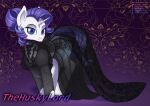  black_clothing black_dress clothing cutie_mark dress embroidery equid equine friendship_is_magic hi_res horn horse jewelry looking_at_viewer mammal my_little_pony pony rarity_(mlp) smile thehuskylord translucent translucent_clothing unicorn 