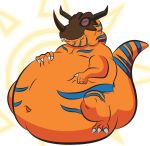  2012 3_toes 4_fingers anthro bandai_namco belly belly_grab big_belly claws digimon digimon_(species) dino.d.dice dinosaur eyes_closed facial_horn fangs feet fingers greymon horn immobile male morbidly_obese morbidly_obese_anthro morbidly_obese_male navel nose_horn nude obese obese_anthro obese_male orange_body overweight overweight_anthro overweight_male raised_tail reptile scales scalie sitting smile solo toe_claws toes 
