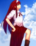  1girl blue_eyes blue_sky brown_footwear closed_mouth cloud commentary_request day gradient_clothes gradient_shirt hairband hand_on_hip highres iro_(sekaixiro) long_hair looking_at_viewer neck_ribbon outdoors profile red_hair red_ribbon red_shirt red_skirt ribbon shirt short_sleeves skirt sky solo tohno_akiha tsukihime vermillion_akiha white_hairband white_shirt 