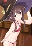  1girl :o absurdres bangs bare_arms bare_shoulders bikini blush breasts brown_headwear commentary_request cowboy_shot from_side hat highres indoors kono_subarashii_sekai_ni_shukufuku_wo! leaning_forward looking_at_viewer megumin navel numahata_tofu. red_bikini red_eyes shiny shiny_hair small_breasts solo standing swimsuit tile_floor tiles witch_hat 