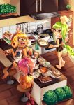  3girls apron bacon barefoot breakfast cereal chef_hat dolphin_shorts egg_(food) egg_yolk flowerfueled food from_behind hat highres inkling inkling_girl kitchen morning multiple_girls nightcap octoling octoling_girl orange_juice pajamas pancake refrigerator shirt short_shorts shorts sleepwear slippers splatoon_(series) squid t-shirt takoyaki toast waffle 