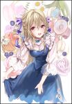  1girl blonde_hair blue_dress blueberry cherry daisy dress floral_background flower food frills fruit hair_ribbon highres looking_at_viewer original pink_eyes puracotte purple_ribbon ribbon smile solo tulip white_dress 