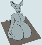  2022 anthro asker_kulturhus breasts cervid don&#039;t_be_a_stranger_(sculpture) featureless_breasts female grey_body kneeling living_statue looking_at_viewer mammal marcusdadog meme navel no_pupils nude seiza signature simple_background sitting solo thick_thighs wide_hips 