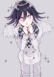  1boy angel angel_wings danganronpa_(series) danganronpa_v3:_killing_harmony halo negoto_o ouma_kokichi purple_eyes purple_hair scarf short_hair sparkle sparkling_eyes straitjacket wings 