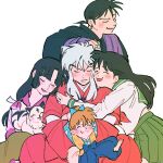  2girls animal_ears aqua_bow black_hair blush blush_stickers bow closed_eyes echo_again_25 green_skirt happy higurashi_kagome hug inuyasha inuyasha_(character) kirara_(inuyasha) miroku_(inuyasha) multiple_girls sango school_uniform shippou_(inuyasha) simple_background skirt smile white_background white_hair 