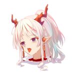  1girl arknights braid corpse crying decapitation dragon_horns earrings guro highres horns jewelry multicolored_hair nian_(arknights) open_mouth pointy_ears ponytail solo streaked_hair streaming_tears tears tokagex tongue tongue_out white_hair 