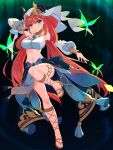  1girl bangs bare_shoulders blue_eyes breasts bug butterfly circlet closed_mouth detached_sleeves full_body genshin_impact highres horns large_breasts leg_up long_hair midriff narrow_waist navel nilou_(genshin_impact) red_hair rx7649 sandals smile solo stomach veil very_long_hair 