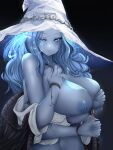  1girl blue_eyes blue_hair blue_skin breasts closed_mouth colored_skin cracked_skin doll_joints elden_ring extra_arms extra_faces hat highres huge_breasts interlocked_fingers joints joosi large_hat long_hair looking_at_viewer nipples one_eye_closed own_hands_together ranni_the_witch simple_background solo upper_body white_headwear witch_hat 